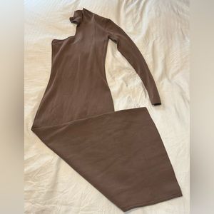 Zara one shoulder brown midi body-con dress.